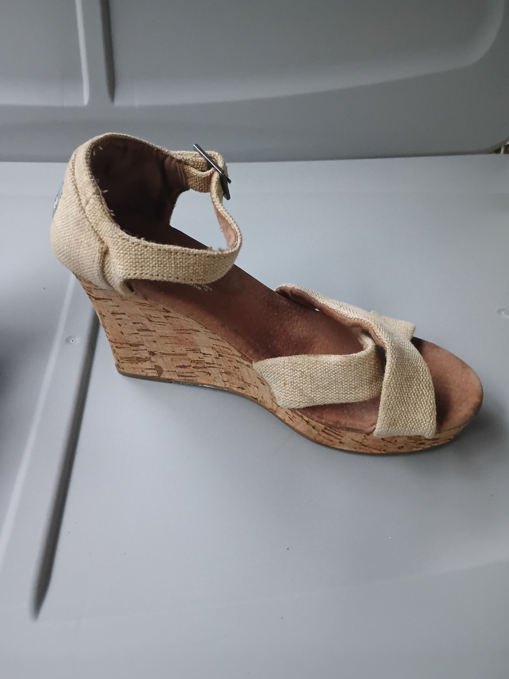 TOMS Women's Beige Canvas Wedge Sandals - Picture 4 of 13